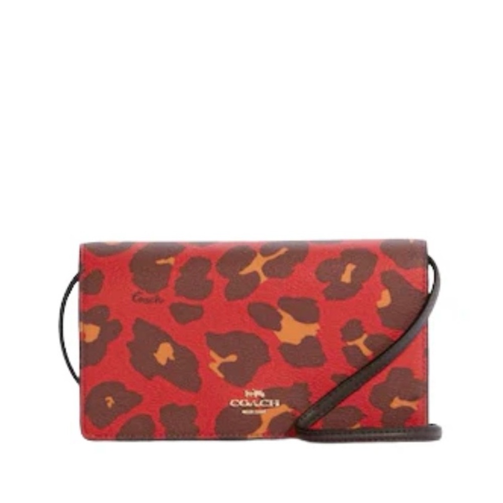 NWOT Coach Anna Foldover Crossbody Clutch With Leopard Print Gold/Bright Poppy
